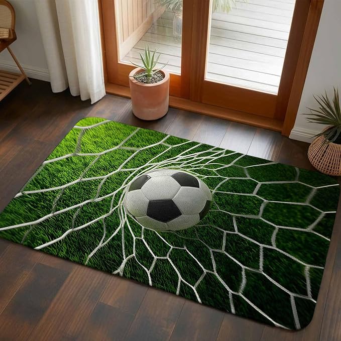 Soccer Washable Area Rugs for Living Room Bedroom, Large Non Slip Indoor Floor Carpet Absorbent Low Pile Goal Net Competitive Green Grass Athletic Door Mat Rugs for Bathroom Entryway 47.2"x63"