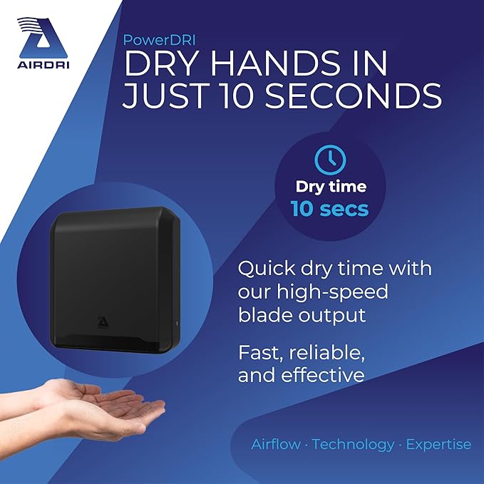 PowerDRI Automatic Hand Dryer - .8kW Low Energy Motor - 10-Second Dry Time - H13 HEPA Filter - 75dBA Noise Output - ADA Compliant - Ideal for High-Traffic Businesses and Venues - Black