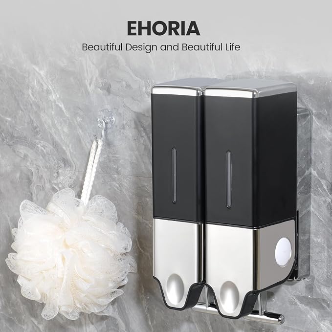 EHORIA Shampoo and Conditioner Dispenser,Shower Soap Dispenser | Shower Dispenser 2 Chamber No Drill,Wall Mounted Refillable Bottles,18.6oz 2 -in-1,Shower Accessories for Bathroom,RV&Hotel
