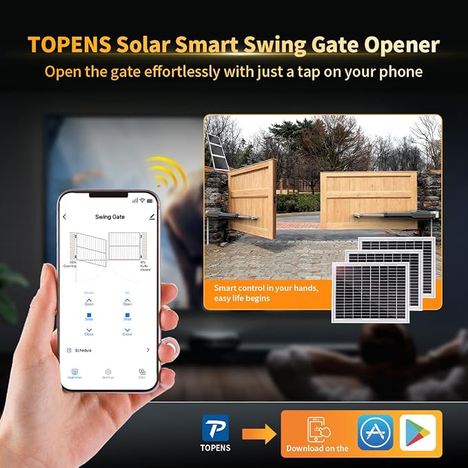 TOPENS XD852S Smart Gate Opener for Heavy Duty Solar Dual Swing Gates Up to 18ft per Arm, Automatic Gate Opener with App Control AC Powered Remote Control Kit Solar Panel Included