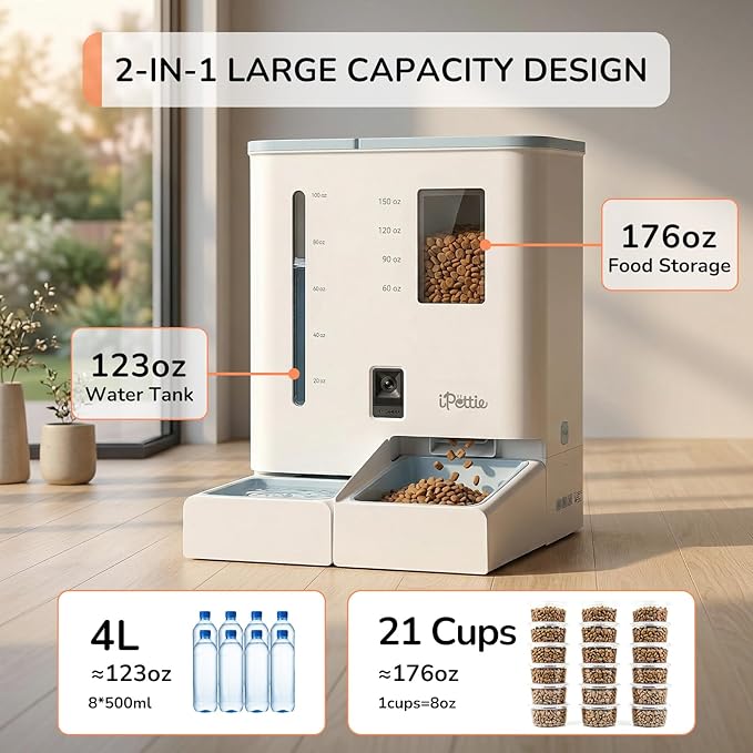 iPettie Camera Automatic Cat Feeder and Water Dispenser, 5G/2.4GHz WiFi | 2K HD Video, Night Vision, APP Scheduling & Alerts, 1 Filter Included, 300oz Large Capacity for 2 Weeks, FW54 Camera Version