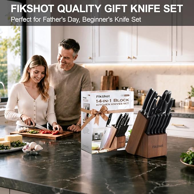 Fikshot Knife Set, German Stainless Steel, Black, 14-Piece kitchen knives | Full Tang Handle, Ultra-Sharp, Knife Block & Sharpener Included, Rust-Resistant, Dishwasher-Safe, Gift for Chefs, BBQ Prep
