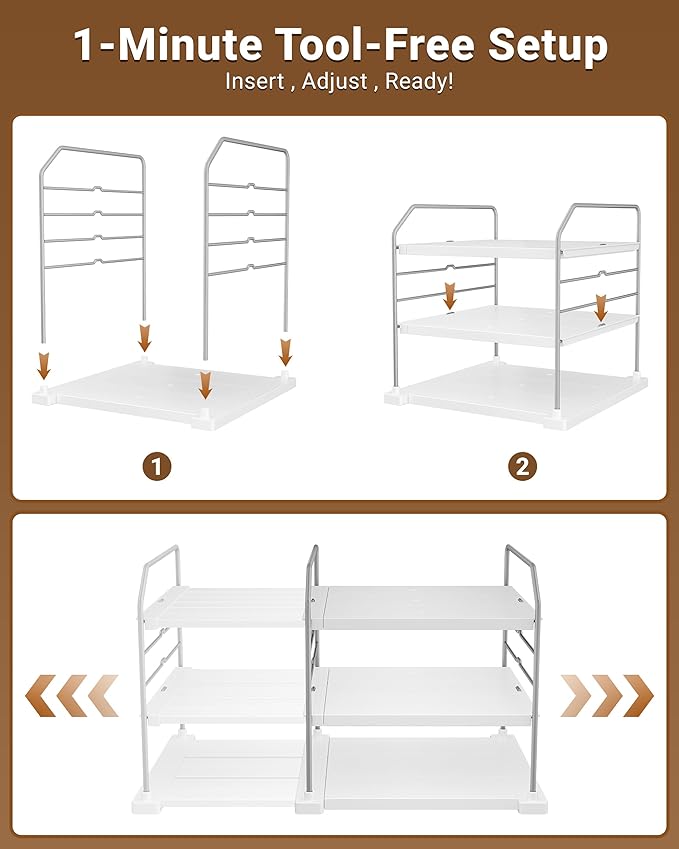 EVERIE Extendable 3-Tier Kitchen Cabinet & Pantry Organizer for Plastic Wrap, Foil & Storage Bags, Adjustable Heavy Duty Shelf Rack for Wrap Boxes, Jars & Snack Boxes (11–16.7 in Wide), Pack of 1