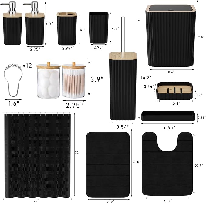 XLHOMO Bathroom Set - 25PC Black Bathroom Set with Shower Curtain and Rugs, Bathroom Accessories Set, Black Shower Curtain Set with Bathroom Trash Can