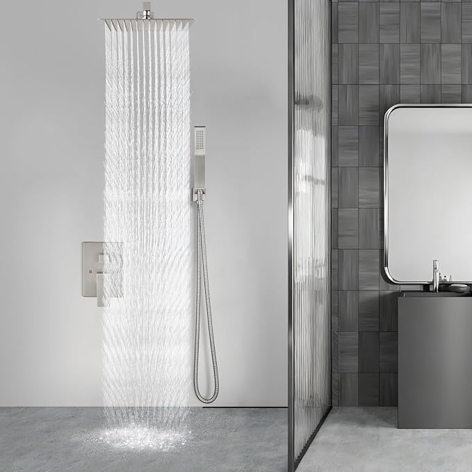 Aolemi Shower Faucet Set Rain Shower System with Handheld Spray Bathroom Shower Combo Rough-in Valve and Shower Trim Kit Included Brushed Nickel 16 Inch Wall Mount Shower Head