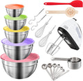 7-Speed Electric Hand Mixer,5 Large Mixing Bowls Set,Handheld Mixers with Whisks Beater,Stainless Steel Metal Nesting Bowl Measuring Cups Spoons Kitchen Cake Blender for Prep Baking Supplies