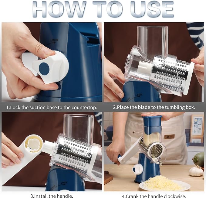 Cambom Rotary Cheese Grater Hand Crank Cheese Shredder for Fresh Cheese, Vegetable, Nuts,Non-slip Suction Base，Three Blades,Dark Blue