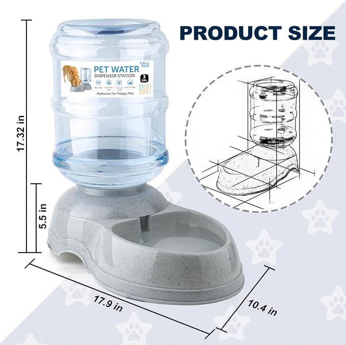 3 Gallon Large Dog Water Dispenser, Automatic Gravity Pet Waterer Station for Large Dogs and Multiple Pets, Indoor/Outdoor Dog Water Bowl with Anti-Slip Base, BPA-Free, Grey