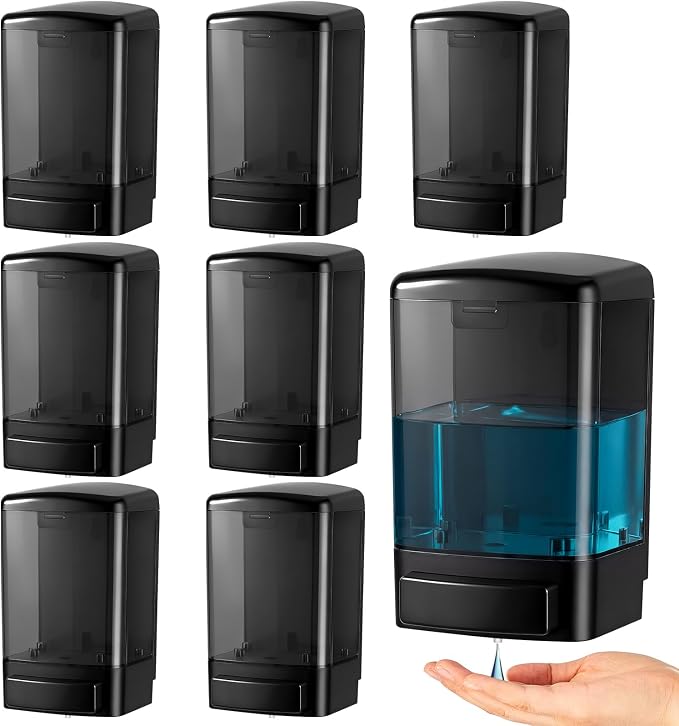 Hushee 8 Pcs Plastic Wall Mounted Soap Dispenser Commercial Manual Soap Containers Wall Dispenser for Kitchen Shower Hotel Liquid Shampoo Gel Chamber (33.8 oz 1000 ml,All Black)