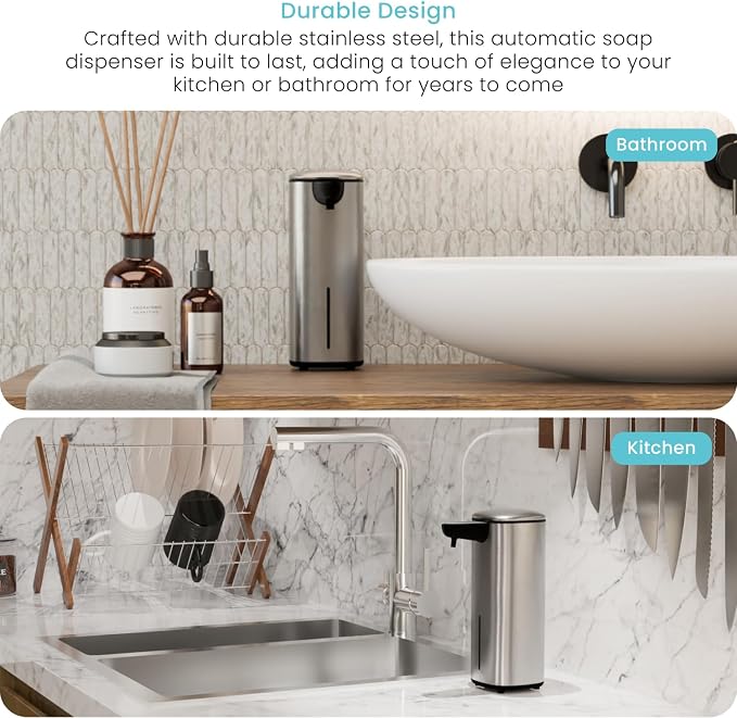 Home Zone Living Foaming Hand Soap Dispenser with Automatic Sensor | Stainless Steel Cover, Adjustable Output and Refillable Pump for Kitchen and Bathroom Sinks