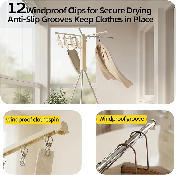 BIREN Foldable Clothes Drying Rack Tripod Clothes Rack with Clips Heavy Duty Laundry Rack Portable Clothing Racks for Travel, Camping, Hotel, Apartment, 6 Poles