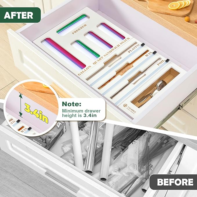 Calmbee 9 in 1 Bamboo Storage Bag Organizer for Kitchen Drawer – Plastic Wrap Dispenser with Cutter & Foil Organizer, Wooden Baggie Organizer for Sandwich, Snack, Gallon, Quart Sizes, White