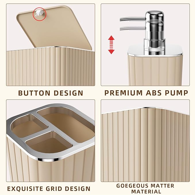 XLHOMO 26PC Bathroom Accessories Set - Gorgeous Bathroom Set, Beige Bathroom Accessory Set, Shower Curtain Set with Bathtub Mats for Shower Tub, Trash Can & Soap Dispenser