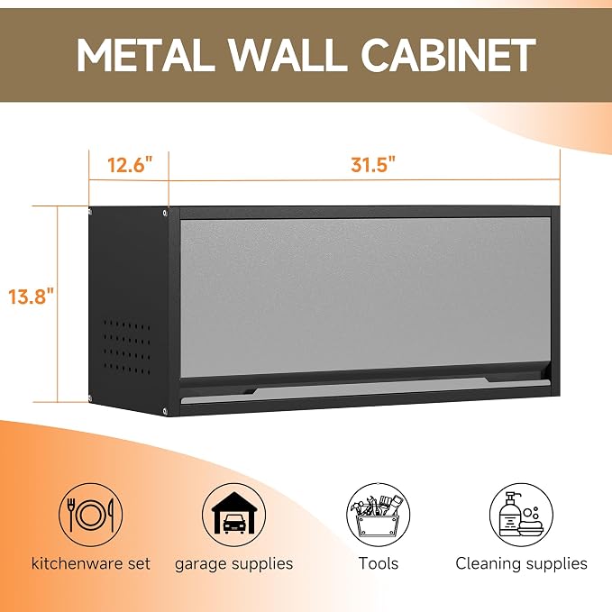 Coolsun Metal Wall Cabinet, 12.6" H Garage Wall Cabinet with Up-Flip Door | 31.5" W Wall Mounted Metal Storage Cabinet for, Garage,Basement,Ware House Assembly Required