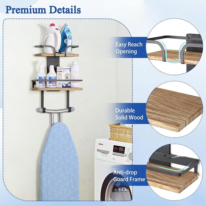 VINAEMO Ironing Board Hanger Wall Mount, 2-Layer Laundry Room Organizer | Iron and Ironing Board Holder for T&Y-Leg Iron Boards, Heavy Duty Laundry Room Storage Shelves, Large Laundry Organization