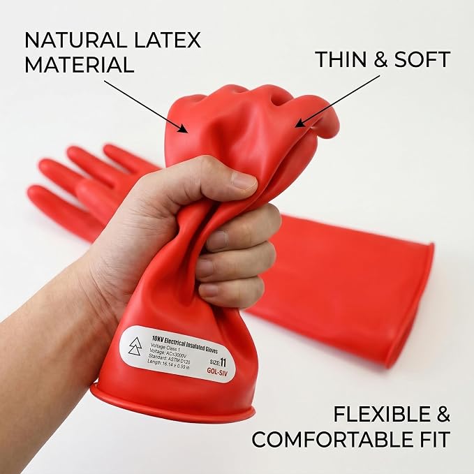 10KV Tested Electrical Insulated Gloves, Max Usage 3000V AC Natural Latex Safety Work Gloves for Electrician, Hybrid EV Car Repair, HVAC & Lineman - Red