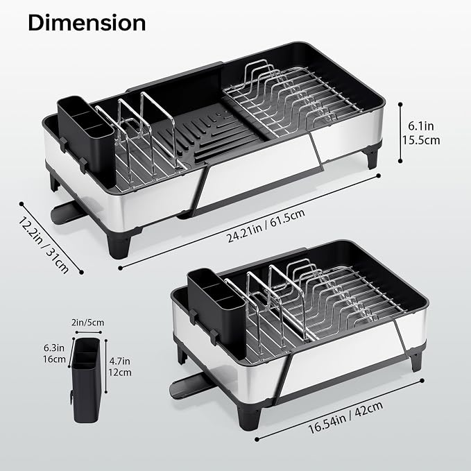 Urackify Large Expandable Dish Drying Rack for Kitchen Counter, Black | Triple Extendable 16.5"-24.2", Stainless Steel Anti-Rust Dish Drainers with Cutlery & Cup Holders for RV, Appartment,