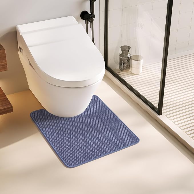 TYUU Toilet Rug, Thin Toilet Rugs U Shaped Washable Non Slip Absorbent Quick Dry Low Pile Toilet Mat, Denim Blue 20"x24" U Shape