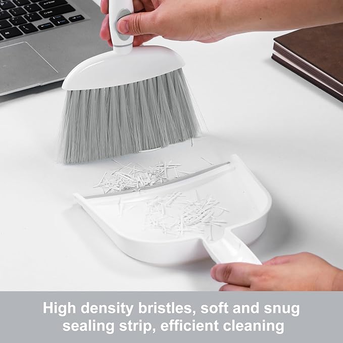 NACENA Small Dust Pan and Brush Set, Mini Broom and Dustpan Set Small Hand Broom and Brush Combo Dust Pan with Teeth for Home Cleaning Drawers Desktop Sofas and Outdoor, White & Gray