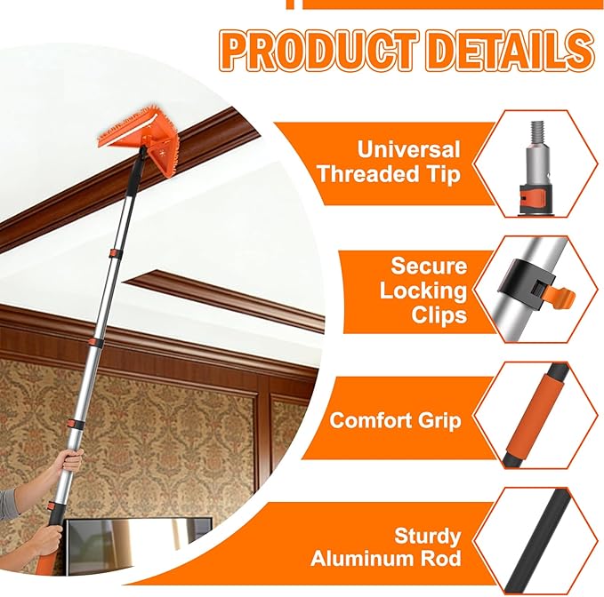 LAANPOLE 36FT Reach Dusters for Cleaning, Ceiling Fan Cleaner Duster with Extension Pole, Wall and Baseboard Cleaner Mop with Handle for Window Cobweb Fan Blade and High Ceiling