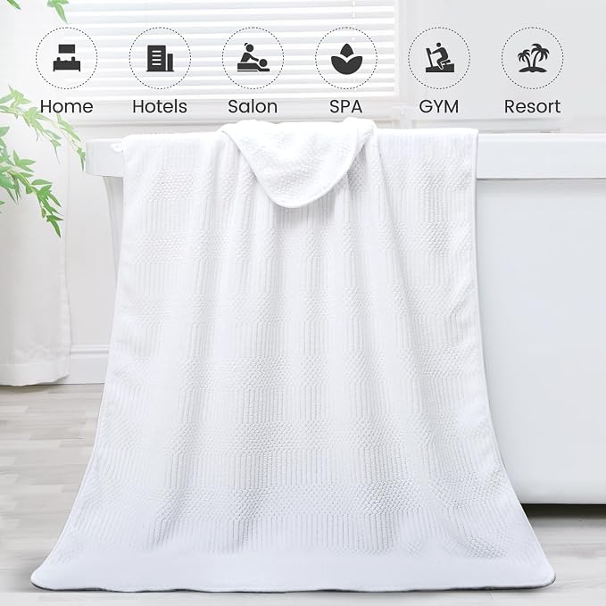 JML Bath Towels Set with Hook, 2 Pack, 30" x 60" | Microfiber, Lint Free, Oversized, Soft, Super Absorbent, Fast Drying, Use for Sport, Fitness, Yoga, Diamond Cross Grid White