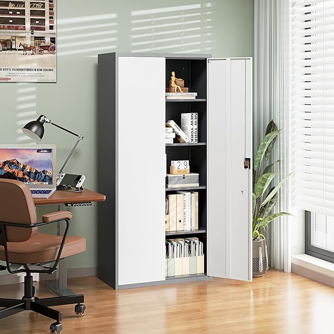 Metal Garage Storage Cabinets with Lock Door and Adjustable Shelves, Steel Tool Cabinets for Home,Office,Warehouse Organisieren (Gery White, 71" H)