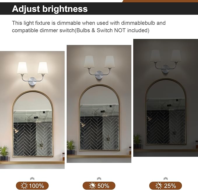 Bathroom Light Fixtures, Brushed Nickel Bathroom Vanity Light, 2-Light Lighting Fixtures Over Miror, Modern Wall Sconce with Flared White Fabric Shade, E26 Socket(ETL Listed)