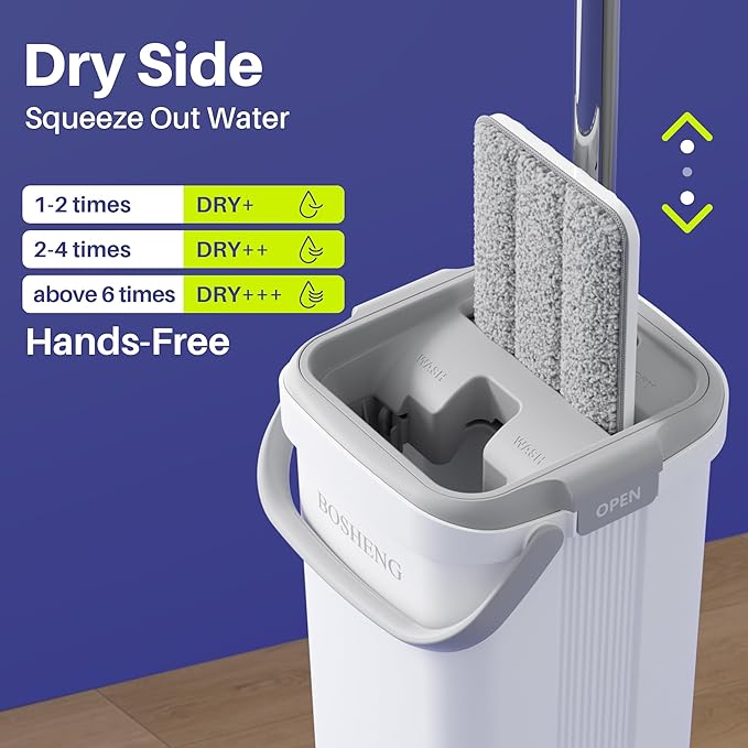 BOSHENG Mop and Bucket Set, Flat Mops for Floor Cleaning, Wall Mop with 60" Extensible Handle, Hardwood Floor Mop with 4 Microfiber Pads