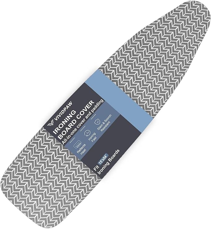 VividPaw Ironing Board Cover and Pad with Thick Padding Elastic Edge, Resist Scorching, Heavy Duty Iron Board Covers Grey (Chevron)