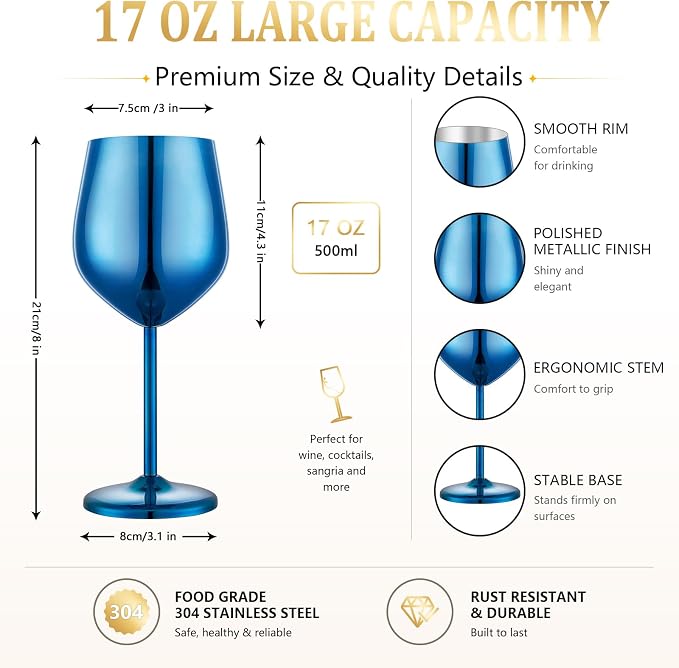 UNISWEET Unbreakable Stainless Steel Wine Glasses Set of 2, Blue | 17oz Unique Fancy Metal Wine Goblets, Shatterproof, Ideal for Outdoor, Camping, Travel, Pool, Great Gift for Wine Lovers