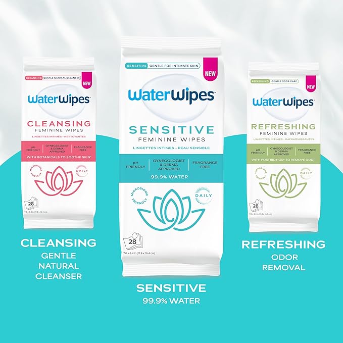WaterWipes Sensitive Feminine Wipes, 99.9% Purified Water, pH Friendly for Daily Intimate Care, Gynecologist Approved, Fragrance Free, 112 Count (4 Packs)