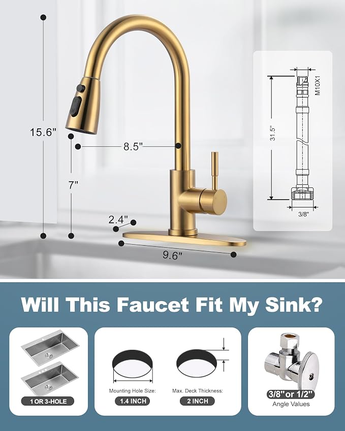 Touchless Kitchen Faucet Stainless Steel: WOWOW Smart Motion Sensor Kitchen Sink Faucet with Sprayer, Automatic Hand-Free Brushed Gold Kitchen Faucet for Sink 1 or 3 Hole
