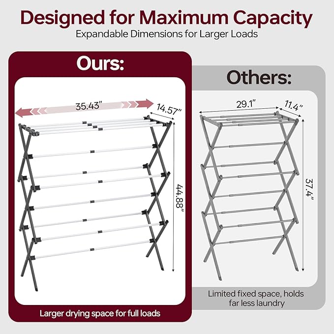 APEXCHASER Large Clothes Drying Rack, Metal Expandable Laundry Rack, 44.88" Height, Adjustable Width 20.87-35.43in, Space Saving Foldable, Indoor Outdoor Use for Laundry, Towels, Shoes, Grey White