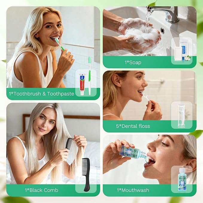 50 Set Personal Care Travel Toiletries Sets Bulk,8-IN-1 Disposable Toothbrushes with Toothpaste and Floss,Mouthwash,Comb,Soap,Cover,Zip Bag Toiletry Travel Toothbrush Kit for Homeless,Hotel,Charity