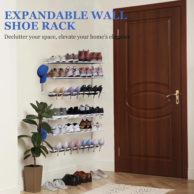 Wall Mounted Shoe Rack, 3 Tier Hanging Shoe Rack Holds 12 Pairs, 17"-30" Adjustable Heavy Duty Metal Shoe Organizer Holder with 2 Storage Hooks, Space Saving for Closet Entryway Doorway（White
