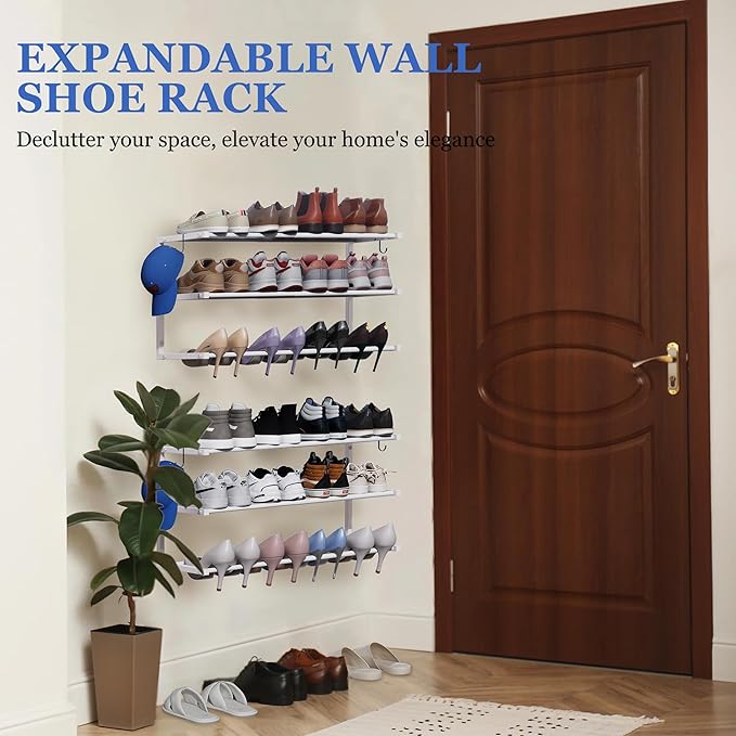3 Pack Wall Mounted Shoe Rack, 3 Tier Hanging Shoe Rack Holds 36 Pairs, 17"-30"Adjustable Heavy Duty Metal Shoe Organizer Holder with 6 Storage Hooks, Space Saving for Closet Entryway Doorway（White)