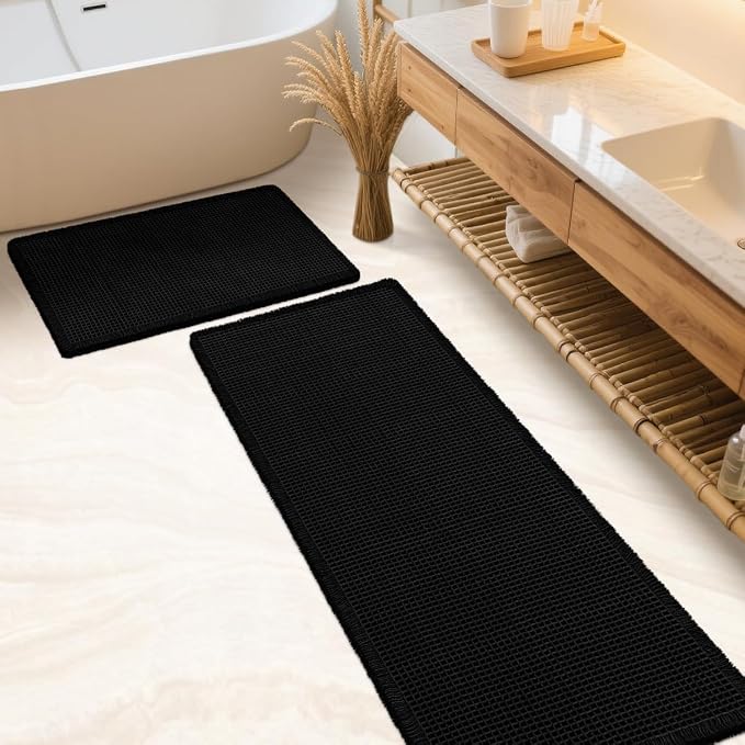 IM HOME Waffle Bath Mat Set 2 Piece Black,Woven Modern Bath Rug Mats, Absorbent Non Slip Bath Floor Mat, Soft Washable Boho Bath Rugs with Tassels for Bathroom, Bedroom, Kitchen,Tub