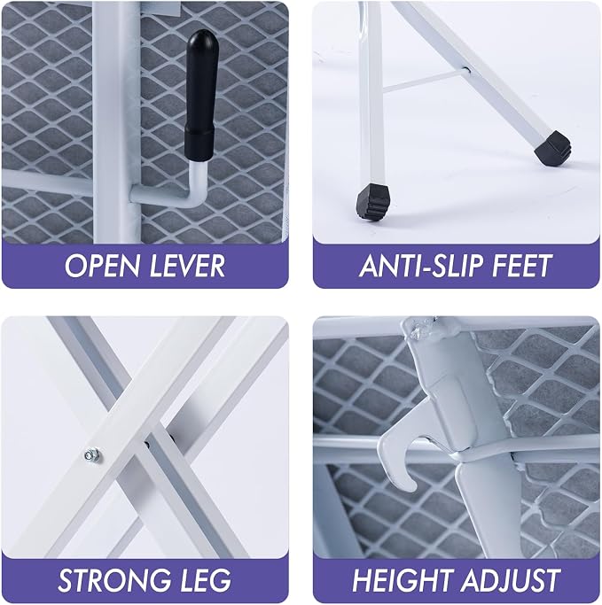 BKTD Ironing Board, Heat Resistant Cover Iron Board with Steam Rest, Non-Slip Foldable Ironing Stand. Heavy Sturdy Metal Frame Legs Iron Stand(13 * 34 * 53 Inches) (Geometric White)
