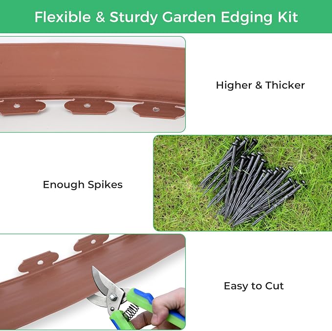 4-Inch x 50 FT Landscape Edging Border with 75 Spikes, Garden Edging Lawn Border Kit, Plastic Edging Border Flexible for Garden Flower Beds Lawn Yard Pathway Paver Edging (Brown)