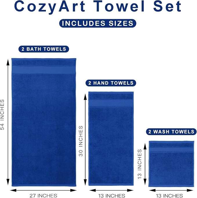 COZYART Bath Towel Set 6 PCS, Royal Blue Luxury 100% Turkish Cotton 650GSM | Soft Absorbent Quick Dry, OEKO‑Tex 100 Cert. Zero Twist Ring Spun Cotton, Plush Fluffy, Breathable Hotel Quality Towels Set