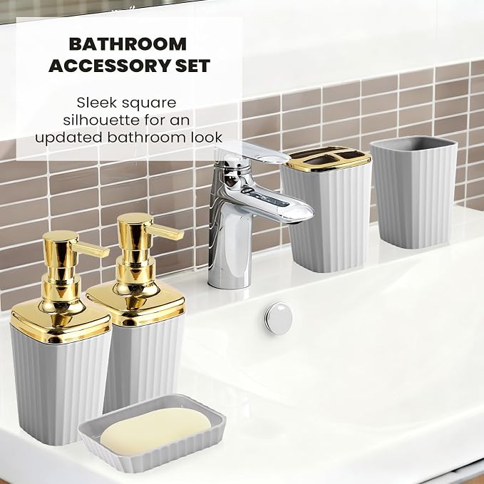 XLHOMO 9-Piece Light Gray Bathroom Accessories Set - Modern Vertical Stripe Decor with Slim Wastebasket, Soap Dispenser & Toothbrush Set - Neutral Bath Organization Kit