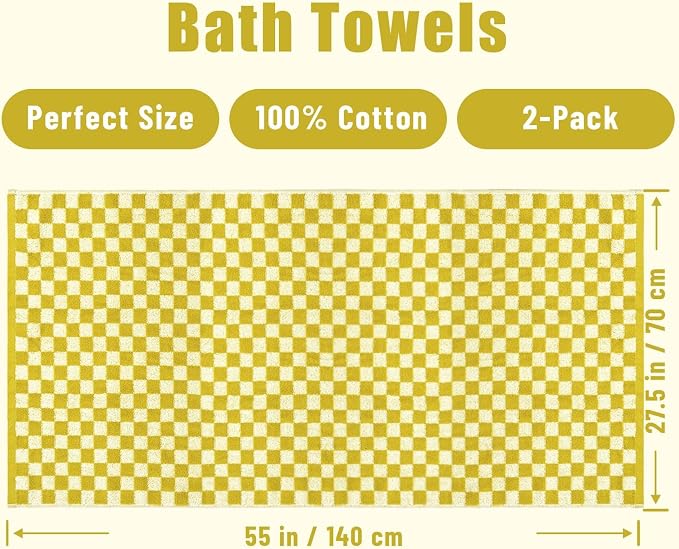 Jacquotha Luxury Bath Towels - Pack of 2, Mustard Yellow Checkered | Cotton Fall Bathroom Towels Sets for Body Drying 55x27.5 Inches
