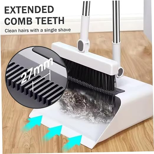 Broom and Dust Pan, Broom and Dustpan Set with Push Brooms, Self-Cleaning Comb & Space-Saving Design for Indoor Outdoor Cleaning (Grey)