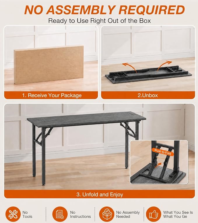 XBurmo Small Folding Desk Folding Table, No Assembly Foldable Desk Gaming Desk, 55.1-Inch Computer Table Workstation with 2 AC Outlets and 2 USB Ports for Bedroom and Home Office, Marble Greige