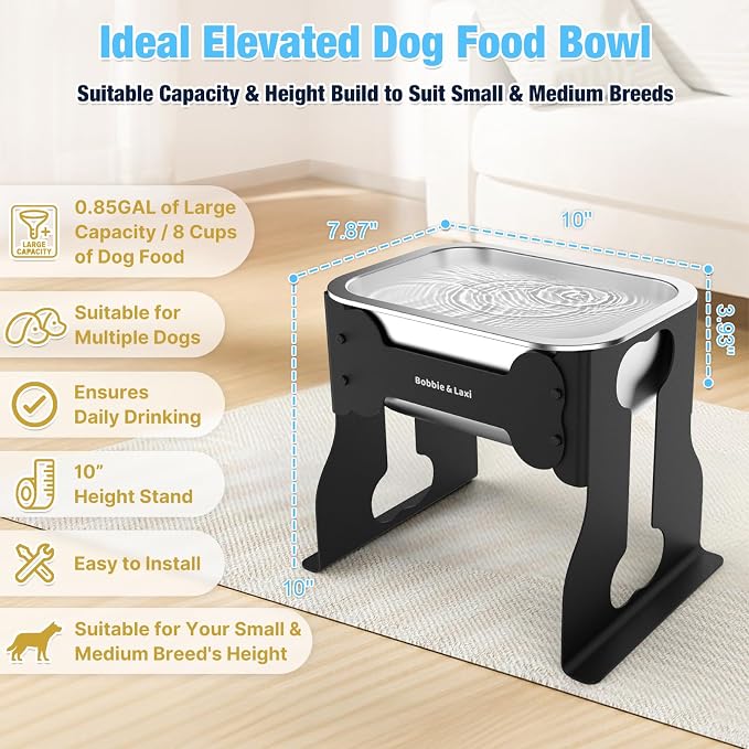 Bobbie & Laxi 10" Elevated Dog Bowl, 0.85 Gal Stainless Steel Bowl | Raised Dog Bowl for Medium Breed, Metal Dog Feeding Station for Relief Joint Pressure, Easy Clean for Indoor & Outdoor Use