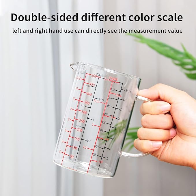 77L Glass Measuring Cup, [Double-Sided Measuring Scale, Insulated handle, V-Shaped Spout], High Borosilicate Glass Measuring Cup for Kitchen or Restaurant, Easy To Read, 500 ML (0.5 Liter, 2 Cup)