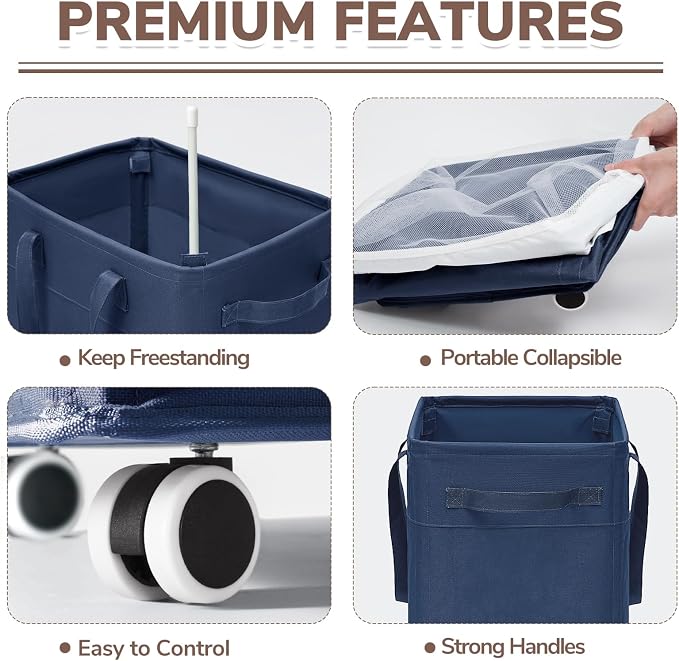 CHICVITA Laundry Basket with Wheels, 75L Laundry Hamper for Dirty Clothes, College Dorm Essentials, Clothes Hamper for Livng Room, Blue