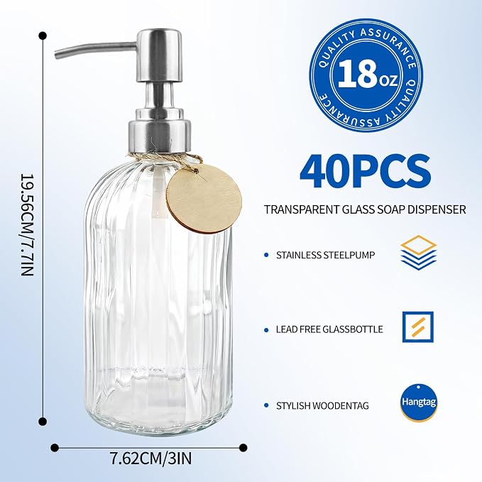 40 Pack Soap Dispenser Set with Stainless Steel Pump, Clear Glass Pump Dispenser, 18 Oz Refillable Empty Bottles for Hand Soap, Dish Soap, Shampoo&Conditioner, Kitchen Sink and Bathroom Decor.