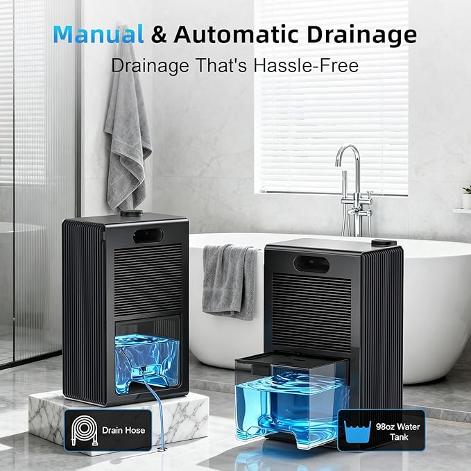 98 OZ Small Dehumidifier for Home 1000 Sq Ft, Quiet Dehumidifier with Drain Hose, Auto Shut-Off, Sleep Mode, 7-Color Light for Basement, Bedroom, Bathroom, Closet, RV (Pure Black)