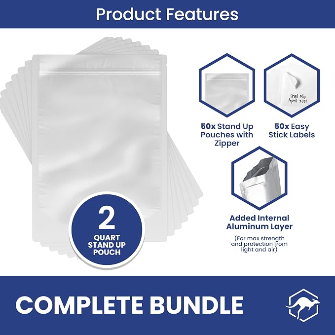 Wallaby 50 Count 2-Quart Gusset Mylar Bags with Labels, 14 Mil Total Thickness Long-Term Food Storage Pouches, 12x8 Stand-Up Zipper Heat-Sealable Airtight Packaging - Silver